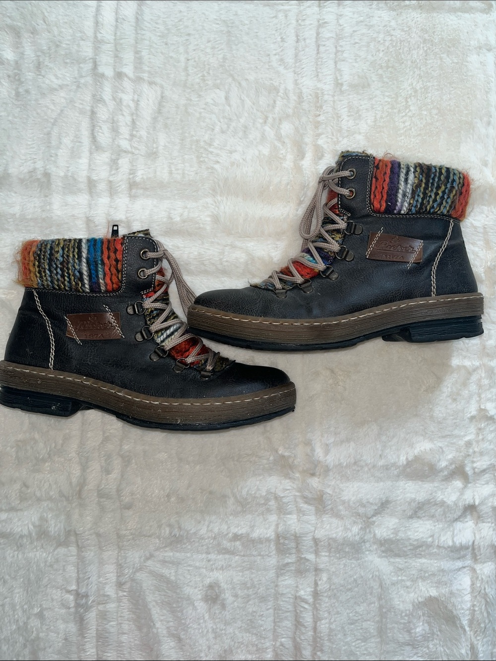 Rieker Brown Leather Lace-Up Ankle Boots with Multicolor Knit Cuff